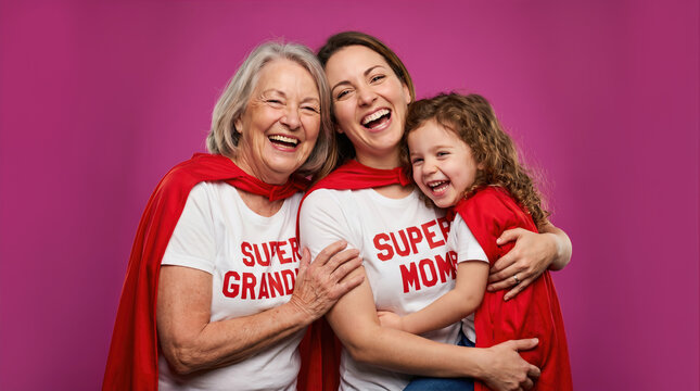 Joyful three generations of women including mother grandmother and daughter wearing superhero capes laughing and hugging against a vibrant purple background with copy space.