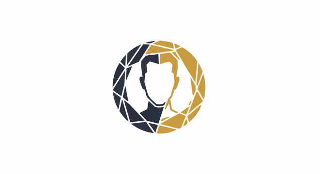 Geometric illustration of a face in a circle with intersecting lines and shapes in dark blue and gold