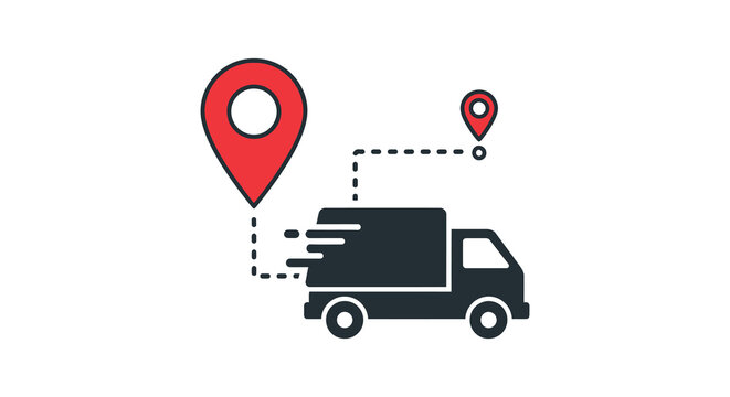 Delivery truck travels between map markers a striking silhouette