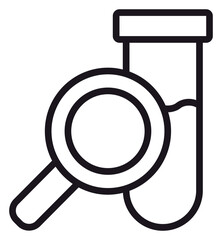 Scientific research vector icon featuring a laboratory test tube and magnifying glass for medical analysis, chemical experiments, and biotechnology discovery in a clean black line art style. © MdYesin