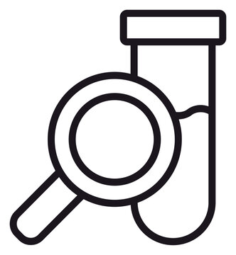 Scientific research vector icon featuring a laboratory test tube and magnifying glass for medical analysis, chemical experiments, and biotechnology discovery in a clean black line art style.