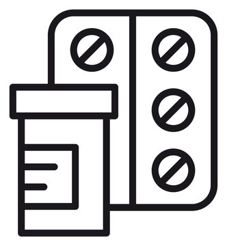 Black vector icon of a medicine bottle and a blister pack of pills. Minimalist line art illustration of pharmaceutical drugs, medication, and healthcare supplies for medical and pharmacy design.