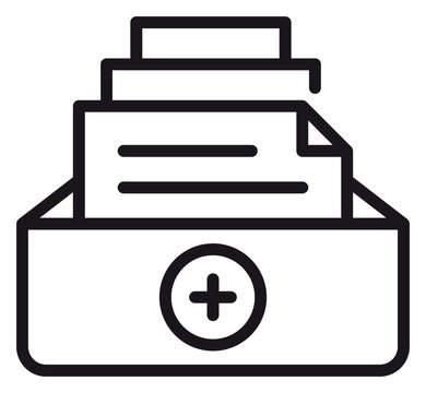 Black line vector icon illustration of a file storage box with documents and a plus symbol, representing adding new records, data management, digital archiving, and office organization.