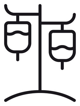 IV Stand with Two Intravenous Bags Vector Icon Illustration. Minimalist Black Line Art Symbol for Medical Treatment, Hospital Care, Saline Drip, and Blood Transfusion. Scalable Graphic Design.