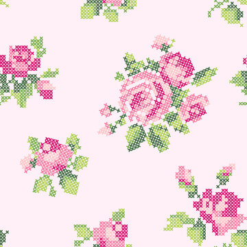 Seamless Pattern Cross Stitch Floral Pink Rose Embroidery Luxury Nursery Cottagecore Background Vector