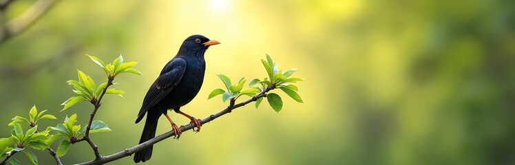 Fototapeta premium Black male bird with orange beak sits on a branch with new green leaves. Soft yellow light shines in the background. Nature, wildlife, and springtime scene.