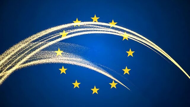 European union flag with golden glowing particle trails