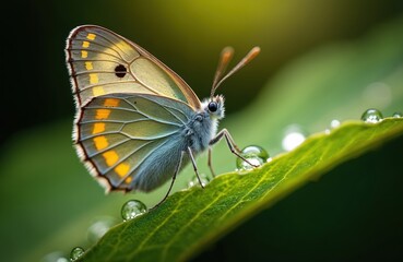 Fototapeta premium Gatekeeper butterfly rests on green leaf with water drops. Insect has orange spots on yellow wings, fuzzy blue body. Nature macro photo, morning dew on plant.