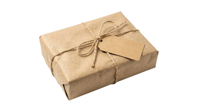 Brown paper gift package tied with twine and a blank tag. Isolated on transparent background, png
