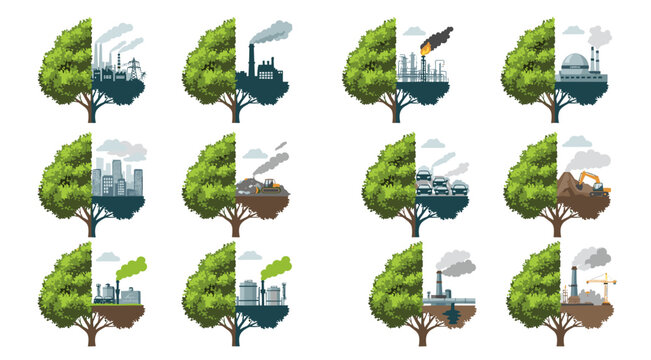 Collage of trees depicting environmental balance versus industrial impact and pollution