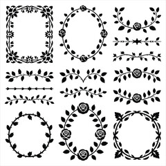 Obraz premium Collection of decorative floral borders and frames with roses and leaves