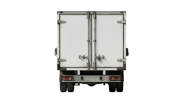 Rear view of a white commercial delivery truck with closed doors for mockup. Isolated on transparent background, png
