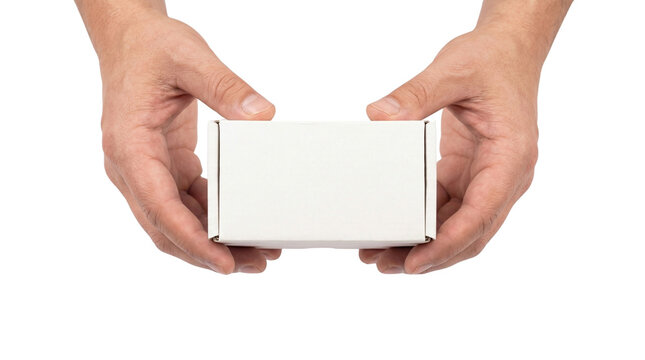 Hands holding a small closed white product box mockup. Isolated on transparent background, png

