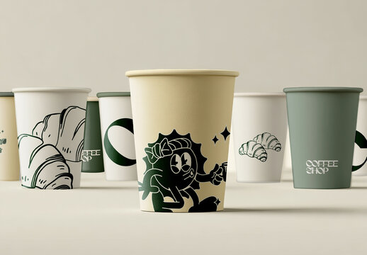 Assorted Coffee Cups Collection for Cafe Branding Mockup