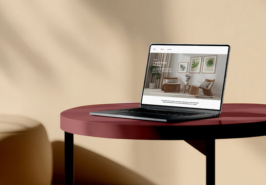 Laptop on Table in Modern Interior Workspace Mockup