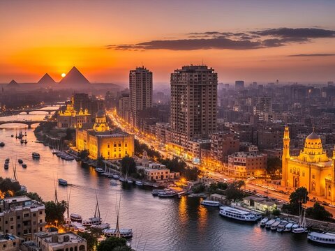 Sunset over cairo with the nile river and pyramids