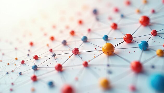 Abstract network structure with colorful connected nodes. Spheres linked by lines create a digital web. Shows data flow, communication, and complex systems.