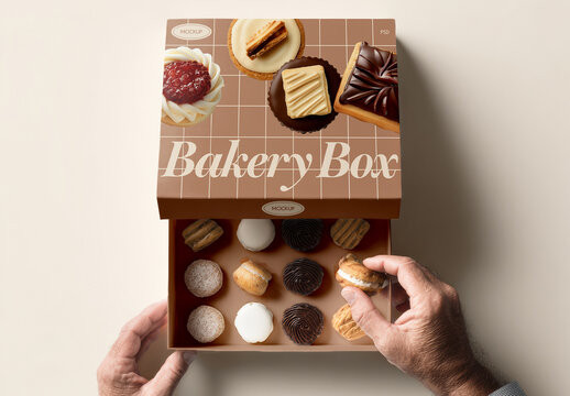 Hands Opening Bakery Box with Assorted Pastries Mockup