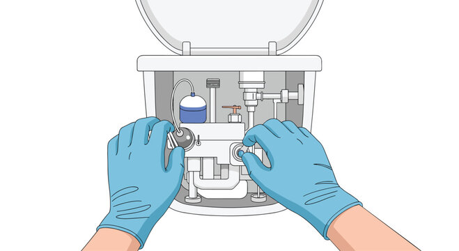 From a top-down perspective, two hands clad in blue protective gloves carefully adjust the intricate float and fill valve mechanisms inside a toilet tank.