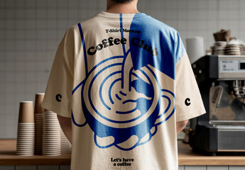 Back View of Person Wearing Coffee Shop T-Shirt in Cafe Mockup