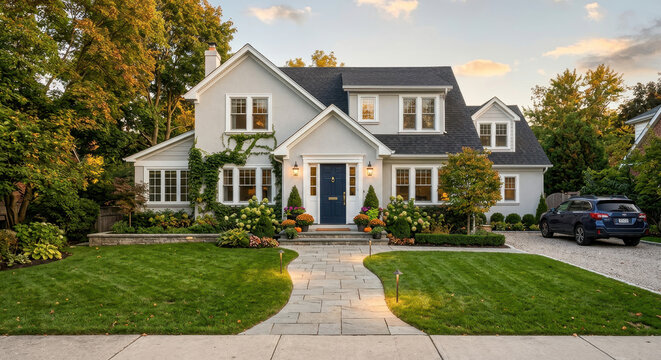 Modern Suburban Family House Exterior with Front Yard and Residential Neighborhood