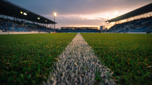 tournament. Soccer field illuminated by stadium lights at dusk with empty stands. event key visuals, club posters, designed for sports event promotions and stadium branding.
