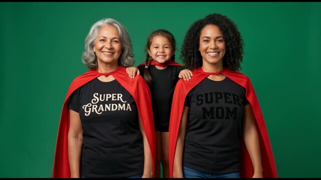 Three generations of multiethnic women, grandmother, mother and little girl, wearing superhero capes cheering and laughing together against a solid green background.