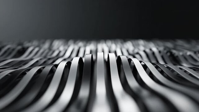 Abstract black and white metallic wavy ribbons background