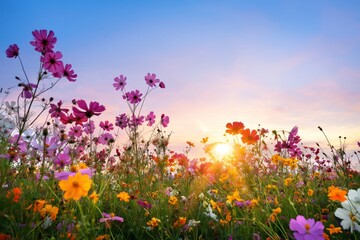 Obraz premium Colorful Wildflowers Bloom in a Field During Sunset in Springtime
