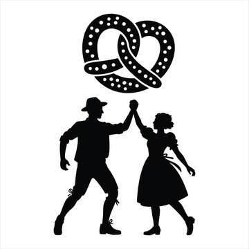 Silhouette of traditional german couple dancing with a pretzel above, vector illustration for oktoberfest