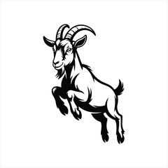 Jumping mountain goat illustration with curved horns and energetic pose in black and white © Vector Forge