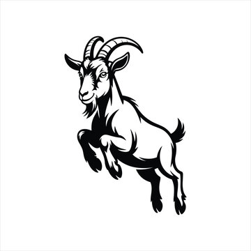 Jumping mountain goat illustration with curved horns and energetic pose in black and white