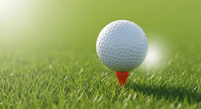 A white golf ball sits atop an orange tee on a lush green grassy golf course with blurred background and sunny lighting.