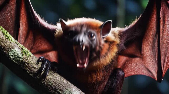 Close-up of a menacing bat with open mouth and spread wings on a branch.