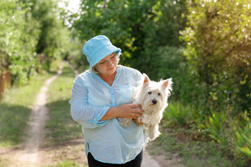 Naklejka premium A middle-aged woman in a blue sun hat and light shirt walking along a rural path, tenderly carrying her white West Highland Terrier in her arms on a sunny day.