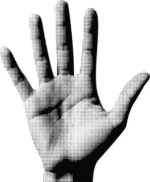 Halftone dot pattern hand showing five fingers raised up on isolated transparent background, gesture representing number five.