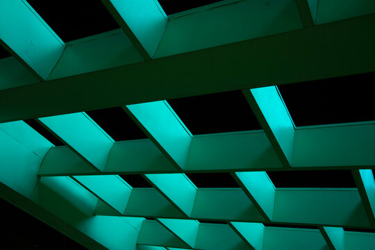 Teal geometric ceiling pattern, mid century modern style