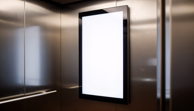 Blank vertical digital signage billboard or advertising screen mockup inside a modern office elevator with brushed metal stainless steel walls and soft interior lighting