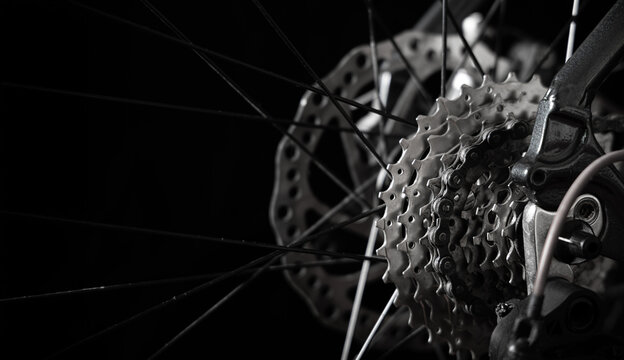Close-up of bicycle rear cassette and chain with visible spokes on black background. Concept of cycling, sport, mechanical engineering, maintenance, repair and performance.
