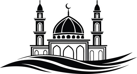 Black silhouette of a mosque with dome and twin minarets © SnappyDesigns