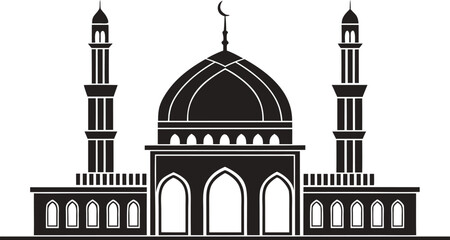 Minimal black mosque silhouette with large central dome and twin minarets © Vector KIng