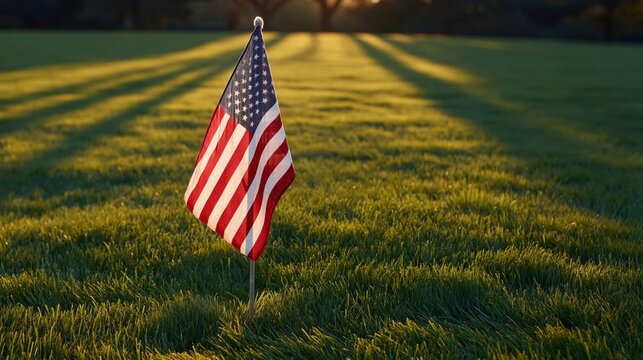 Small American Flag Stands on Green Grass in a Field During Sunset With Long Shadows