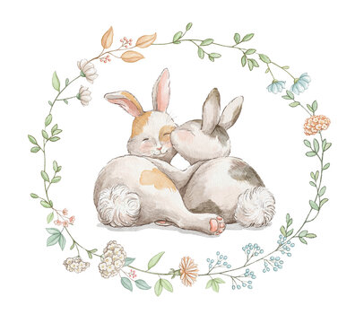 Watercolor composition card with pair cute bunnies hares hugging and kissing animals for Valentine's Day framed round frame of flowers isolated of white background. Hand drawn illustration sketch