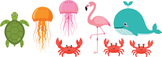 Sea animals set turtle jellyfish crab flamingo whale vector illustration cute marine life collection design elements © Vector Design Hub