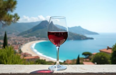 Obraz premium Glass of red wine on balcony overlooking coastal town and blue sea. Mountains rise in distance under clear sky. Perfect for holiday, travel, and relaxation themes.