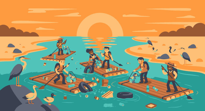 people on rafts in polluted river.