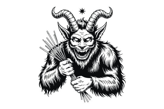 Black and white of a horned creature holding a bundle of sticks goat-like devil mythical