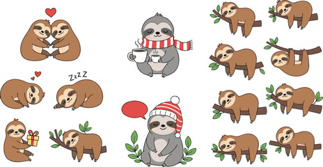 Fototapeta premium Set of Cute Cartoon Sloths in Various Poses, Sleeping, Hanging, and Celebrating for Animal, Nature, and Relaxation Designs