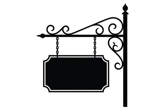 Vintage wrought iron hanging sign bracket with blank frame for shop entrance or boutique facade promotion and signage design on background