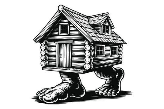 Black and white of a log cabin house on giant human legs giant legs whimsical